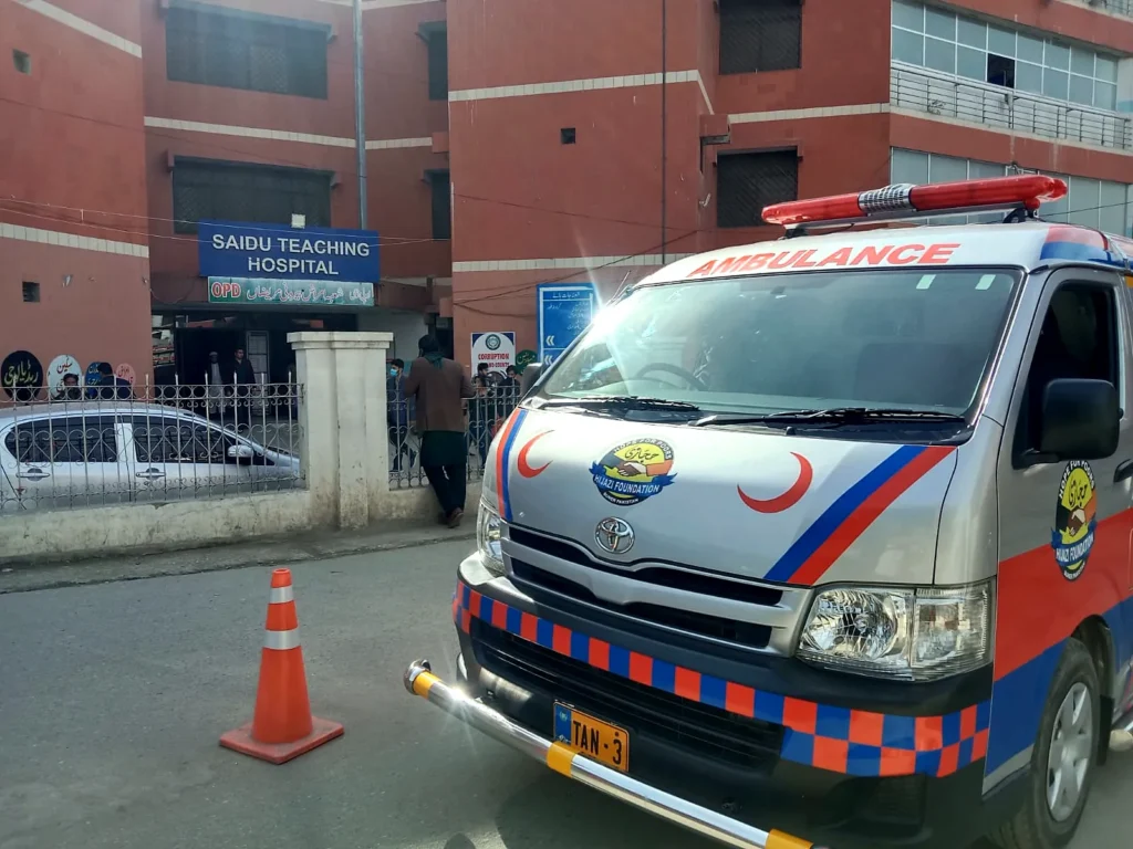 The foundation’s ambulance parked outside Saidu Teaching Hospital.
