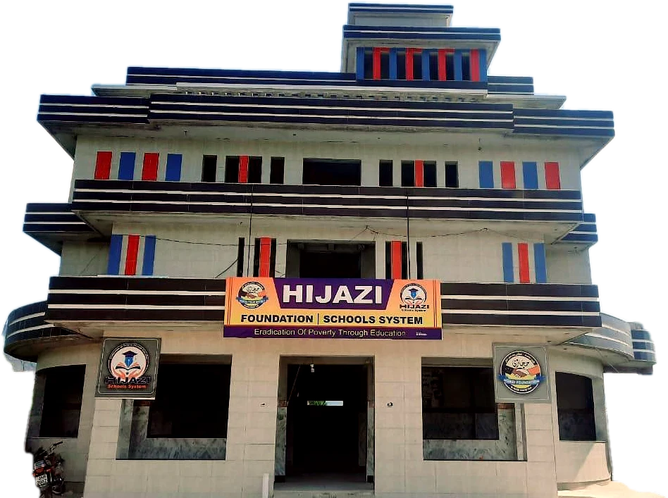 The three-storey Hijazi school building with red and blue window panels and the foundation sign over the main door.
